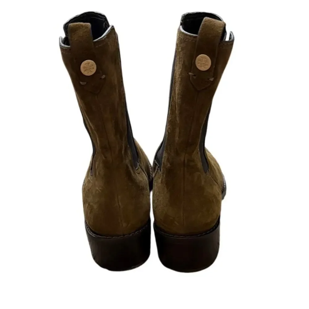 Tory Burch Chelsea Stacked Heel Olive Brown Suede Boots Size 7